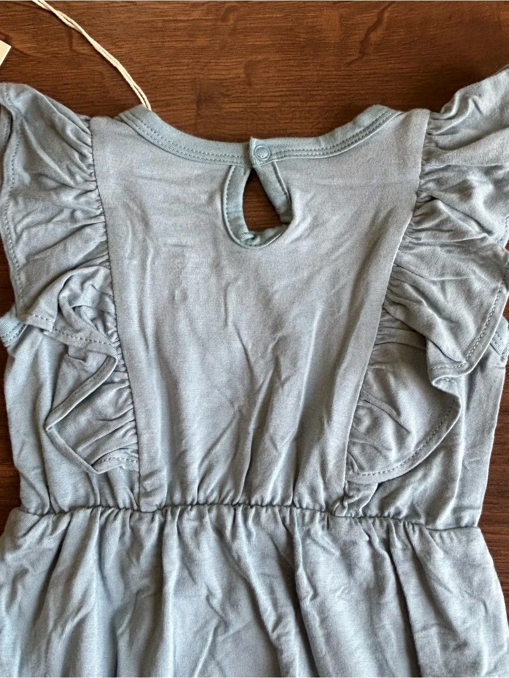 Kyte Short Sleeve Bubble Romper with Ruffles in Dusty Blue 6-12m